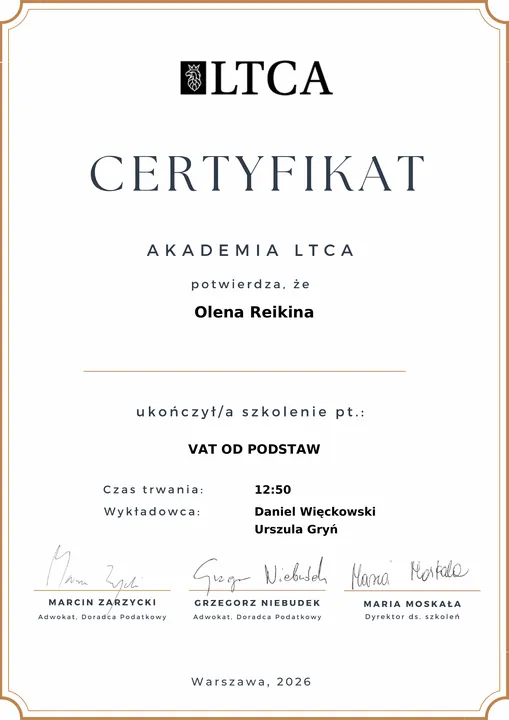 VAT od podstaw — certyfikat Olena Reikina