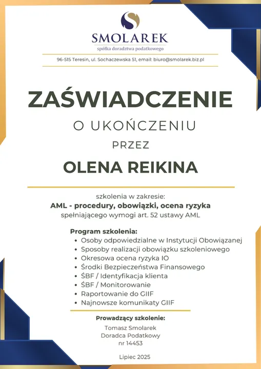 AML — procedury, obowiązki, ocena ryzyka — certyfikat Olena Reikina